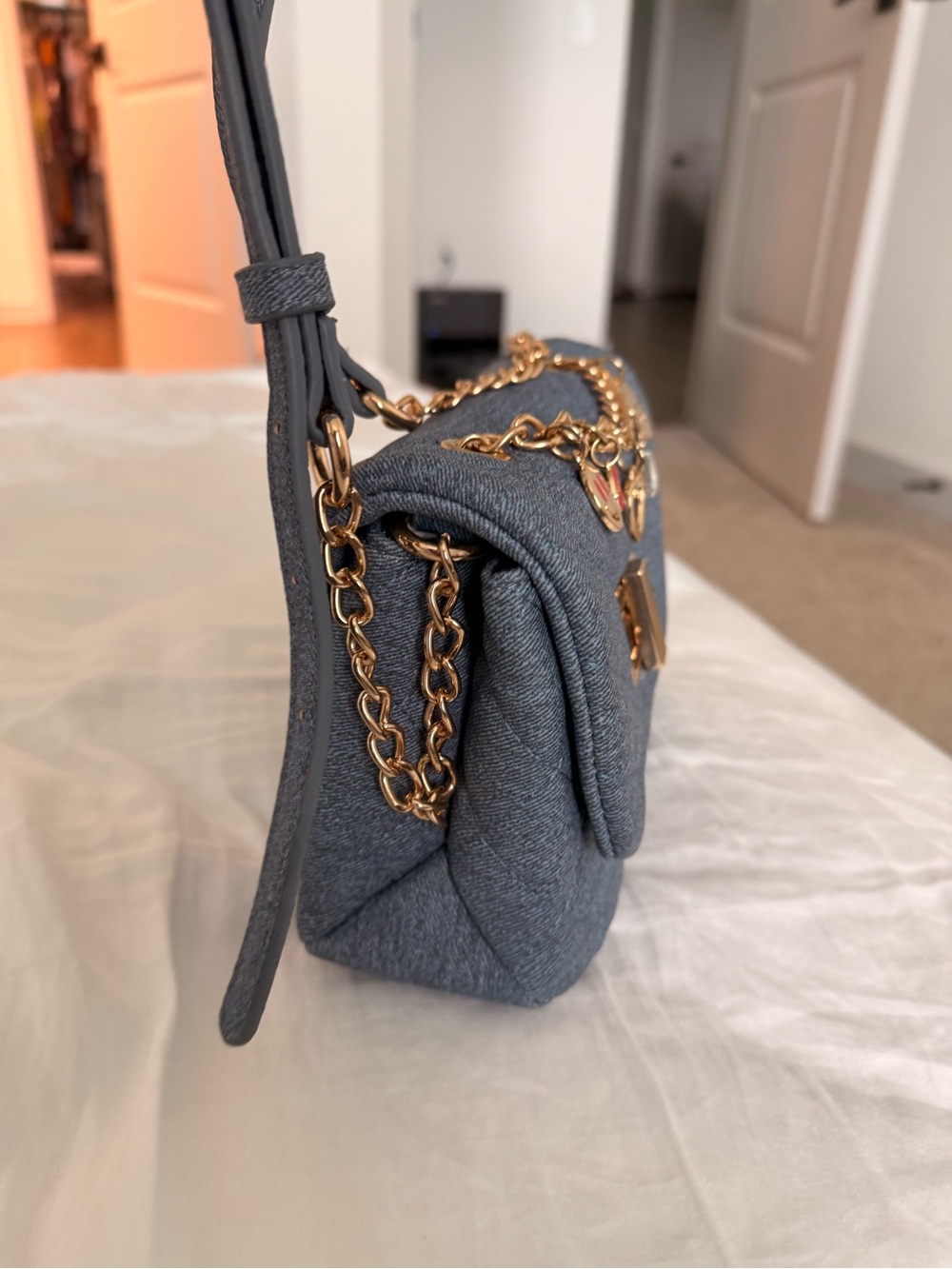 Aldo Denim-Textured Quilted Shoulder Bag with Charm Chain - Picture 3 of 5